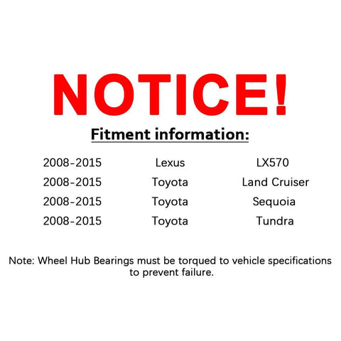Notice of fitment information for 2008-2015 Lexus LX570, Toyota Land Cruiser, Sequoia, and Tundra wheel hub bearings.