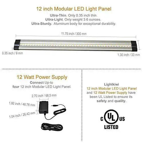 12 Inch Warm White LED Under Cabinet Lighting Kit With 3 Panels, UL Certified, dimensions and power supply details shown.