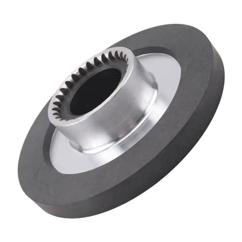 Angled front view of a 150mm brake gear disc featuring a toothed inner bore and black friction surface