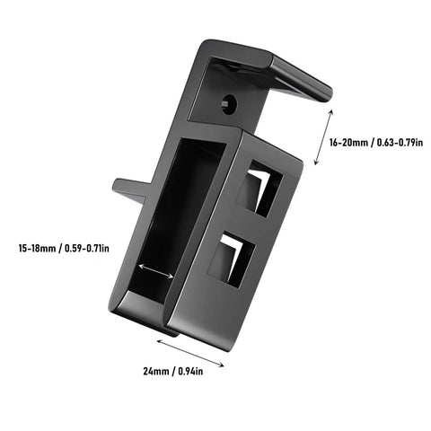 Black ABS plastic plate filler scribing jig with measurements for woodworking cabinet installation, size details visible.