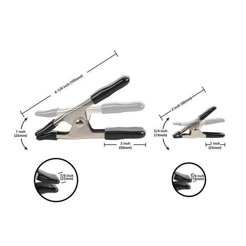 Amazon Basics steel spring clamp set; two clamps shown, large 4-1/8 in and small 3/4 in, black PVC-coated tips.