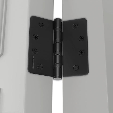 4'' black ball-bearing door hinge installed on door edge; heavy-duty stainless steel, 1/4'' radius corners