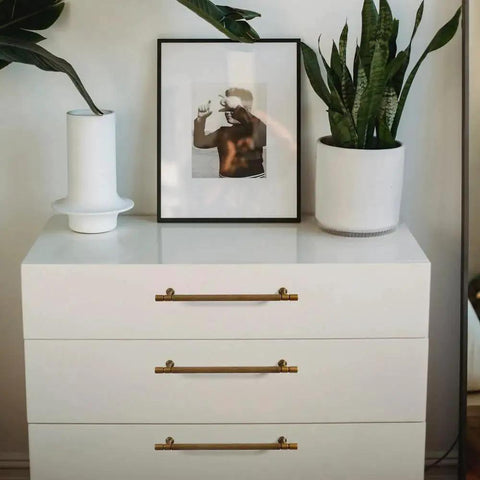 Dresser with Vintage Retro Antique Brass Zinc Alloy Cabinet Handles 6 Pack With 5 Inch Center To Center Mounting Holes