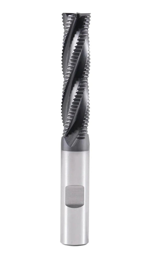 Front view of Half Inch TiAlN Cobalt Roughing End Mill M42 8 Percent Cobalt With Half Inch Shank And Two Inch Flute Length Four Flute Coarse Tooth