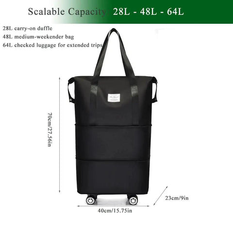 Expandable Foldable Duffle Bag With Detachable Wheels 3 In 1 Design showcases size, black color, and scalable capacity details.