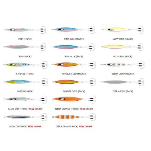 Assorted colors of Saltwater Metal Jig With Center Balanced Drop And Flutter Action For Fast Vertical Speed Jigging Five Zero Assist Hooks Glow Finish Durable Saltwater Ready Lure shown in multiple views.