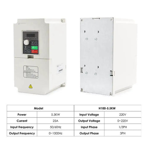 Front and side view of 5.5KW 220V H100 Inverter 1000Hz 1/3PH Input Variable Frequency Drive for industrial motors with specs chart