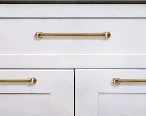 10 Pack 5 Inch Center To Center Brushed Brass Cabinet Pulls Heavy Duty Zinc Alloy Handles Installed On White Cabinets
