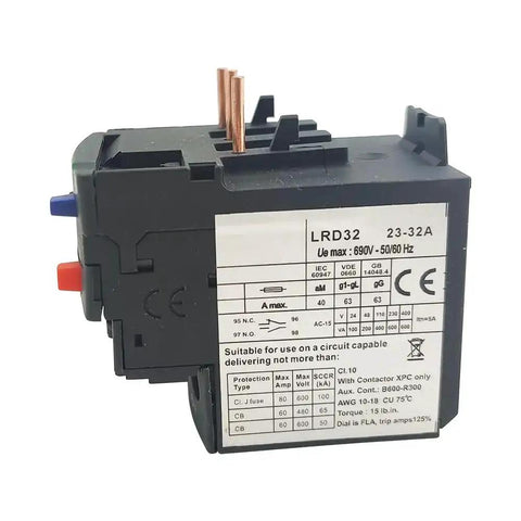 Thermal overload relay, 23–32 A, for LC1D contactors; black housing with 1 NO and 1 NC auxiliary contacts.