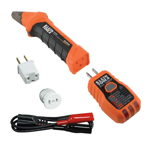 Fast Circuit Breaker Finder Kit For Quick Panel ID And Safe Wiring, ET310 Receiver with GFCI tester and accessories arranged.