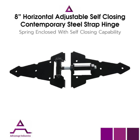 Heavy Duty Eight Inch Horizontal Self Closing Steel Strap Gate Hinge Pair for Wooden Fences Adjustable Zinc Plated Black Finish