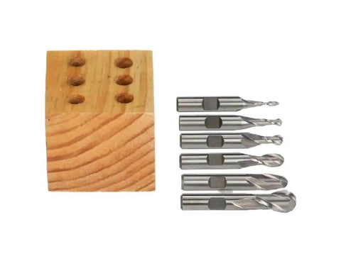 Six Piece Ball Nose End Mill Set Workhorse with two flute M2 HSS bits and wooden storage stand, sizes 1/8 to 1/2 inch.