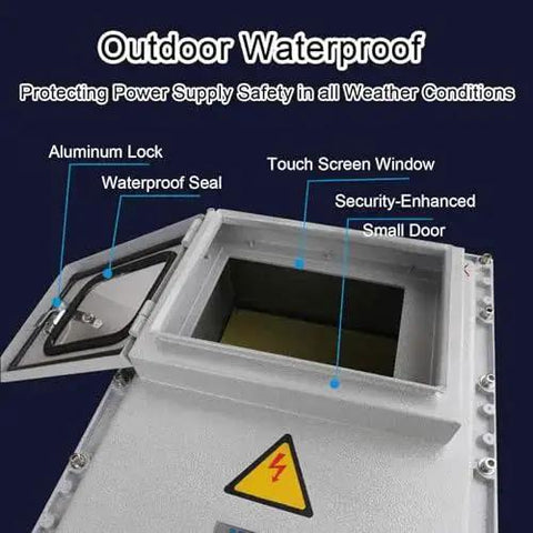 Image showing the Tough As Nails Waterproof Outdoor Junction Box, featuring aluminum lock, waterproof seal, and touch screen window.