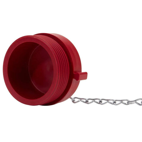 Side view of 2 1/2 Inch NH NST Red Plastic FDC Plug With Rocker Lug Thermoplastic Not For Pressure Applications with chain