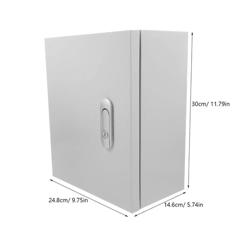 Front view of a Heavy Duty Waterproof Electrical Disconnect Box Enclosure Plastic Outdoor Cabinet 25 x 30 x 14 cm.