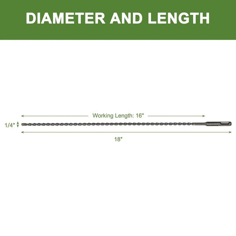 One Quarter Inch SDS Plus Masonry Drill Bit 18 Inch Long For Hammer Drills Two Pack With Tungsten Carbide Tips Delivers Five Times Longer Life For Concrete Block Brick Stone By HLOFIZI showing dimensions