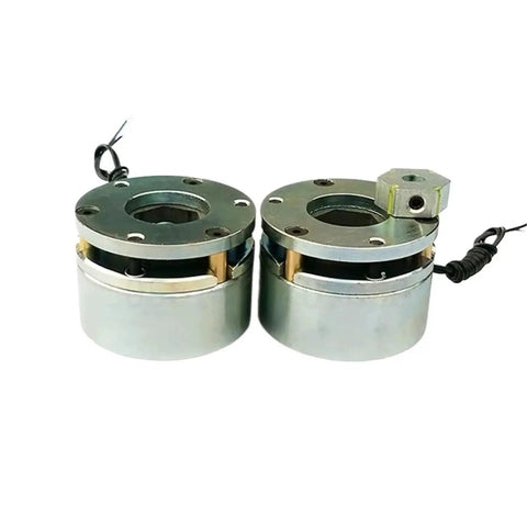 Pair of silver electromagnetic brake units with flange mounting plates and wiring.