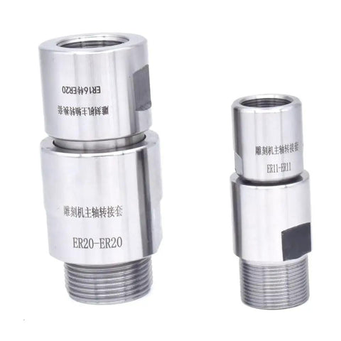 Front view of two silver ER collet thread adapters (ER20-ER20 and ER11-ER11) for engraving machine spindle.