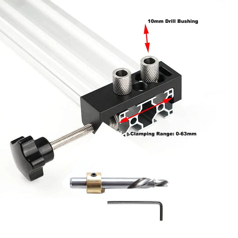 Profile Drill Guide Access Hole Jig For Aluminum Extrusion Pro Grade Quick Clamp Drill Sleeve DIY Drilling Jig For 2020 2040 3030 3060 4040 Single And Double Hole Profiles Easy Setup Precise Alignment Built Tough For Quick Assembly, shown with 10mm drill bushing and clamping range details.