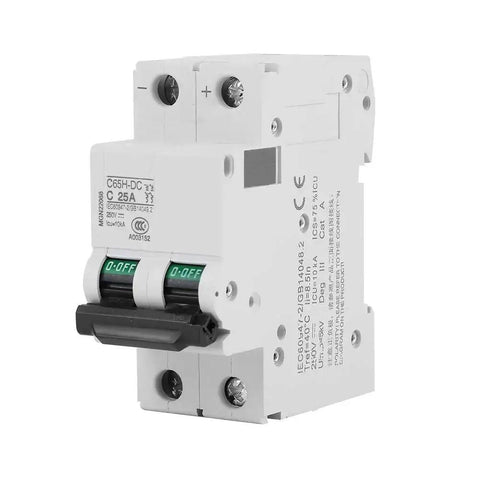 2P Low Voltage DC Miniature Circuit Breaker for Solar Panel Grid Systems 25A, side view, showing toggle switches and specifications.