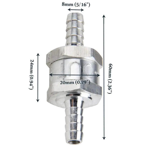 8mm ID Fuel Non Return One Way Check Valve For Gasoline Diesel Oil And Water Aluminum Alloy Auto Accessory Durable High Temperature Design Perfect For Fuel Lines Long Lasting Convenience 12 Month Warranty showing front view with dimensions