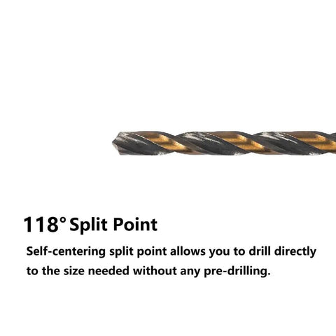 Close-up of a black-gold drill bit with a 118° split point from 10 Pcs 7 64th Inch Impact Hex Drill Bit Set With Quick Change Driver HSS