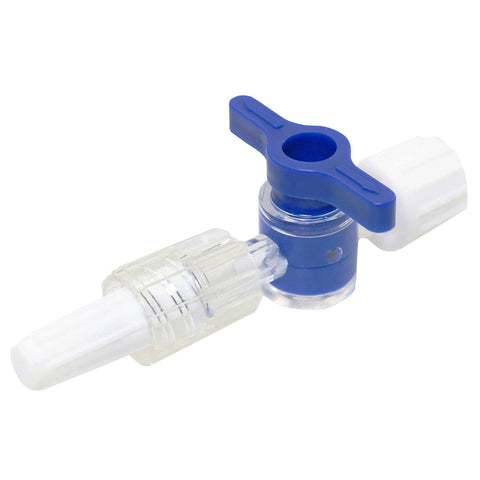 Blue 2-way disposable medical stopcock valve with Luer lock connectors and clear ends