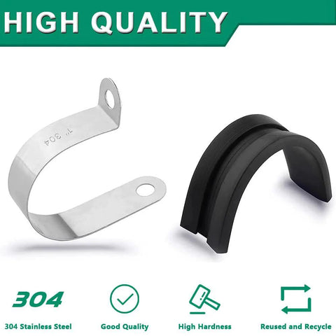 110 Piece Stainless Steel Cable Clamps Set With 10 Sizes From One Quarter Inch To One And Three Quarters Inch Cushioned Rubber Coated Insulated Clamps For Automotive Wiring Pipe And Home Projects DIY Friendly OURU, showing metal and rubber components with quality icons.