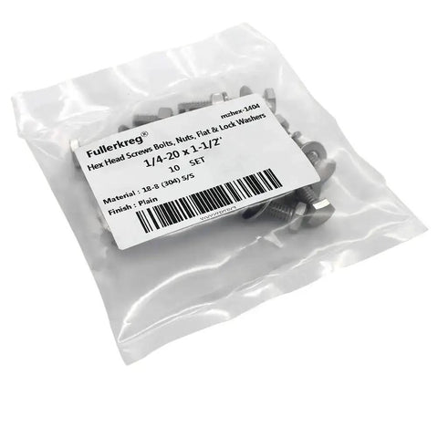Package of Heavy Duty Stainless Steel Hex Head Screws Bolts Set 1/4-20 X 1-1/2 Fully Threaded With Nuts Flat And Lock Washers 18-8 304.