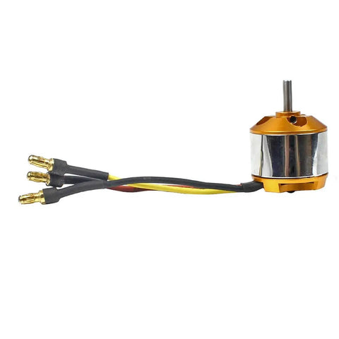 Side view of 2208 Brushless Outrunner Motor 1800KV for 2 to 3S RC drones with welded banana plugs, 3.17mm shaft.