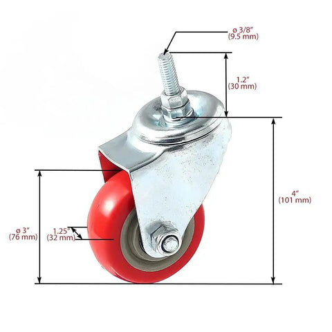 4 Pack Swivel Plate Stem Casters With Red Polyurethane Wheels, 3 Inch Wheel Diameter, showing dimensions and metal stem.