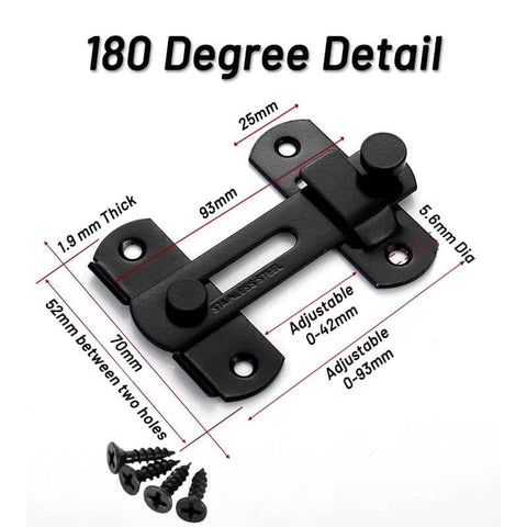 Close-up of Two Pack Barn Door Lock Set With 180 Degree Flip Latch And Stainless Steel Screws showing measurements and details