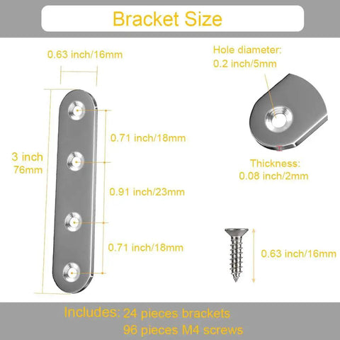 Diagram showing dimensions of 24 Pack Straight Brace Brackets 3 Inch Stainless Steel Flat Mending Plates For Wood Furniture With Screws.