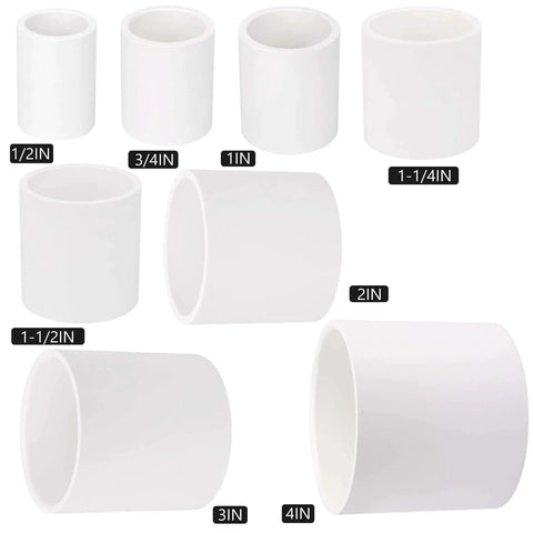 Various sizes of white PVC pipe couplings, including 3/4 inch, ideal for DIY shelving and garden structures.