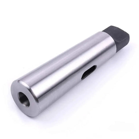 MT3 to MT4 Morse taper drill sleeve reducing adapter, side view, silver metal body with black end