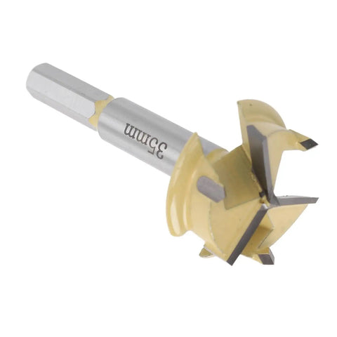 35mm Hinge Boring Bit With 9mm Hex Shank For Woodworking, 10mm Drilling Depth, 3 Flute Hinge Hole Cutter With Carbide Teeth