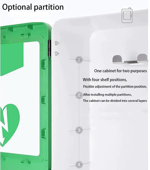 Wall Mounted Go-To AED Defibrillator Cabinet with adjustable partitions and green panel, emphasizing flexible storage options