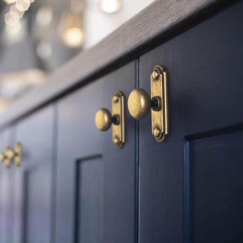 Six Piece Set Of Antique Brass Cabinet Knobs With Industrial Backplates For Kitchen Cabinets Classic Round Hardware Vintage Drawer Pulls Retro Dresser Handles Yanxia installed on navy cabinets