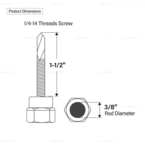 Diagram showing dimensions of Heavy-Duty Self-Drilling Vertical Threaded Rod Anchor Screw for Steel Structures, 1/4-14 x 1-1/2 Inch.
