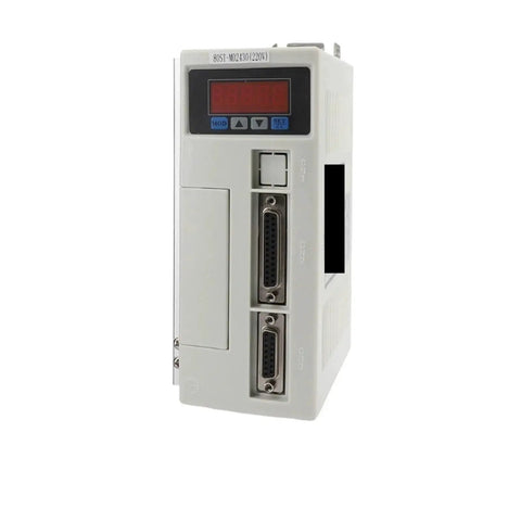 Front view of white AASD-20A servo drive with red digital display and two DB-25 connectors.