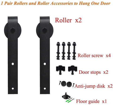 Two Pack Black Barn Door Roller Hangers No Track J Shape Ultra Quiet Nylon Wheel Smooth Glide Heavy Duty 330 Lbs Per Door Rust Proof Frosted Finish For Sliding Barn Doors with screws and accessories displayed
