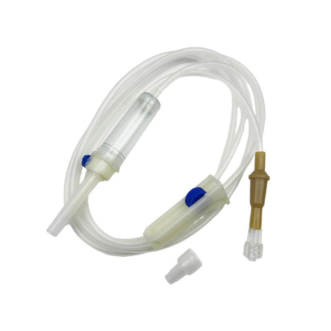 IV extension set with clear tubing, blue flow-control knob, and Luer-lock end for veterinary use