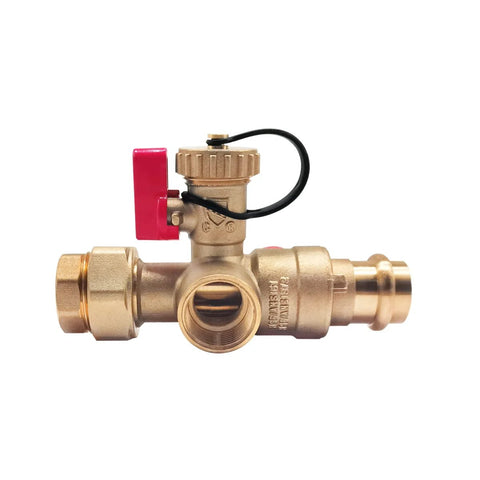 Brass 3/4 inch tankless water heater isolation valve with red lever and built-in pressure relief