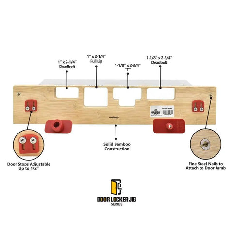 Four pocket mortising template for door jamb strikes and deadbolts with a durable bamboo carrier and center locators diagram.