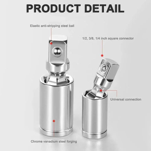 Two-piece chrome universal joint socket adapters with square drives; fits 1/2, 3/8, 1/4 inch; forged chrome-vanadium steel.