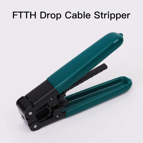 Fiber optic termination tool with green handles, cable stripper and crimping pliers.