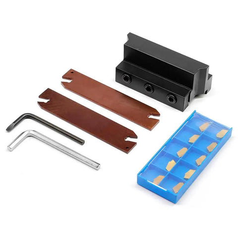Pro Grade Three Quarters Inch Self Lock Block Tool Holder Set With Adjustable Blade NCIH26 3 And NCIH26 4 Plus Tin Coated GTN 3 And GTN 4 Carbide Inserts For Parting Grooving And Cut Off Jobs SLTBN19 5 Oscarbide, includes tool holder, blades, inserts, and wrenches.