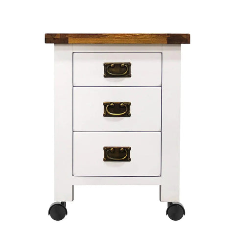 White furniture cart with brass handles, featuring Beefy 2 Inch Nylon Casters Set Of 4 With M8 Threaded Stem Swivel Wheel Replacement.