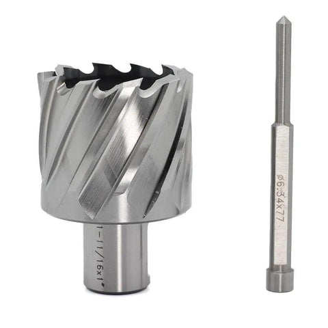 Annular Cutter One And Eleven Sixteenths Inch Diameter With One Inch Cutting Depth For Magnetic Drill Press Three Quarter Inch Weldon Shank With Two Flats Pilot Pin Included Dual Teeth Thin Wall Design For Faster Holes Oscarbide
