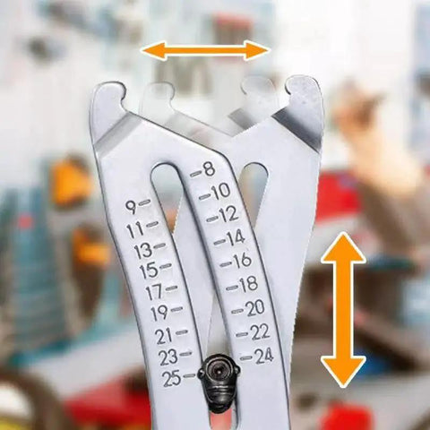 Close-up of 2025 Upgraded Dual Scale Bolt Size Finder Keychain with SAE and Metric Laser Etched Gauges for Nut and Bolt Sizing.